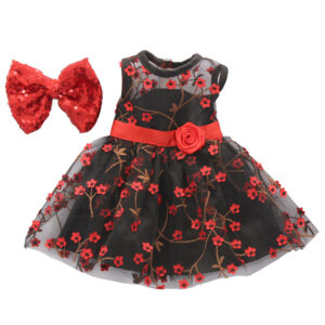 Black & Red Floral Party Dress with Bow for Girls