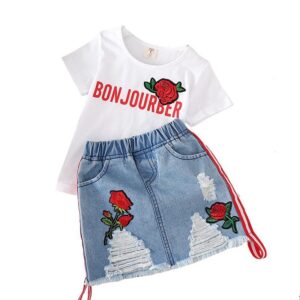 Stylish Rose Print Top & Denim Skirt Set for Girls