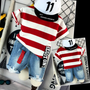 Trendy Red Striped T-Shirt & Ripped Denim Shorts Set for Boys
