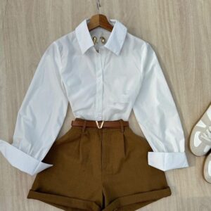 White Classic Shirt with Brown High-Waist Shorts