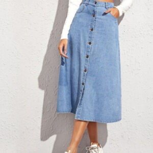 Denim Button-Front Midi Set" or "Classic Denim Skirt Ensemble
